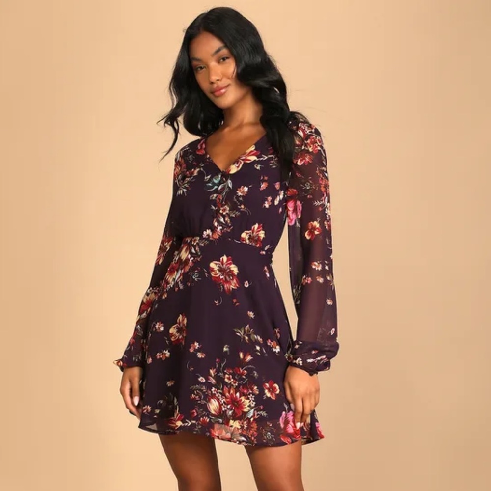 Lulu’s Always Yours Plum Purple Floral Print Long Sleeve Skater Dress